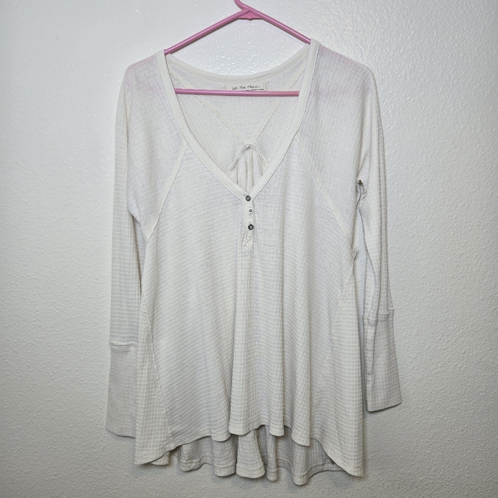 We The Free People Cream Waffle Knit Long Sleeve Cotton-Blend Henley Top Size XS